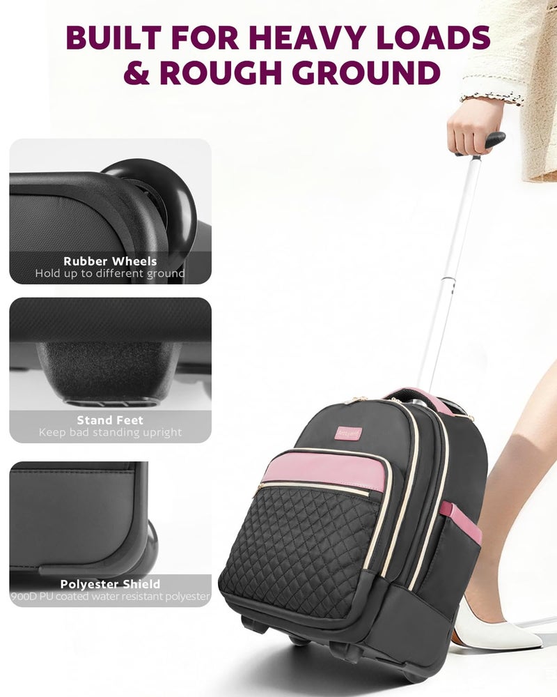 Arcoyard Rolling Backpack for Women with Wheels, roller Laptop Travel Backpack, Lightweight Water Resistant Wheeled Underseat Carry On Luggage for Work and College, Black Purple - Image 5