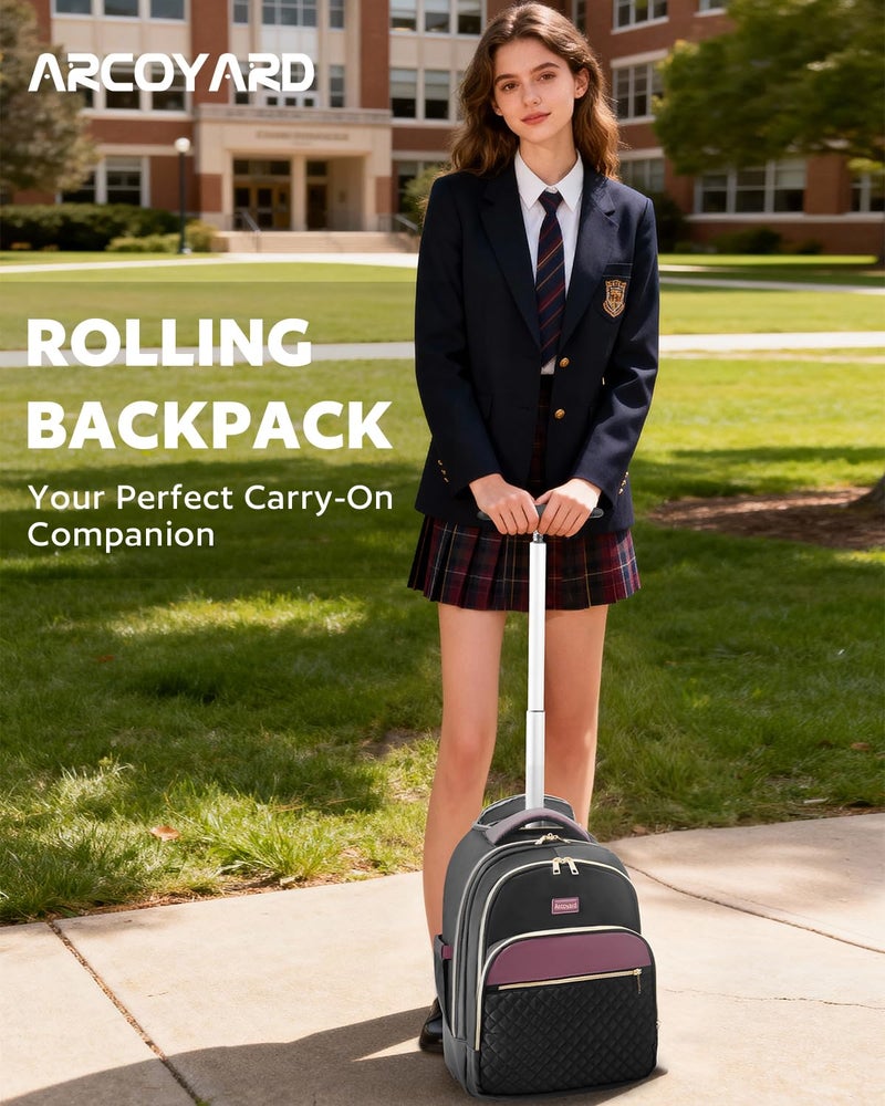 Arcoyard Rolling Backpack for Women with Wheels, roller Laptop Travel Backpack, Lightweight Water Resistant Wheeled Underseat Carry On Luggage for Work and College, Black Purple - Image 2