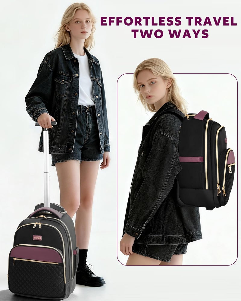 Arcoyard Rolling Backpack for Women with Wheels, roller Laptop Travel Backpack, Lightweight Water Resistant Wheeled Underseat Carry On Luggage for Work and College, Black Purple - Image 4