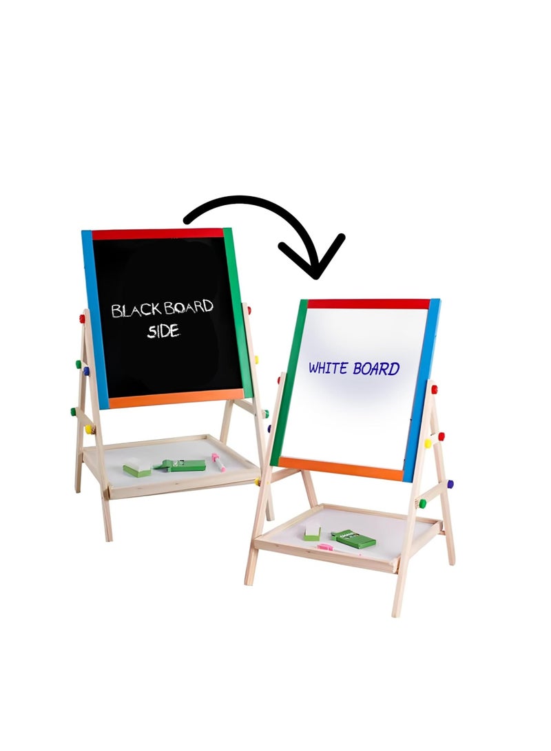 Generic Multifunctional wooden easel magnetic kids coloring board stand. double sided- white boad and black board  - Image 1
