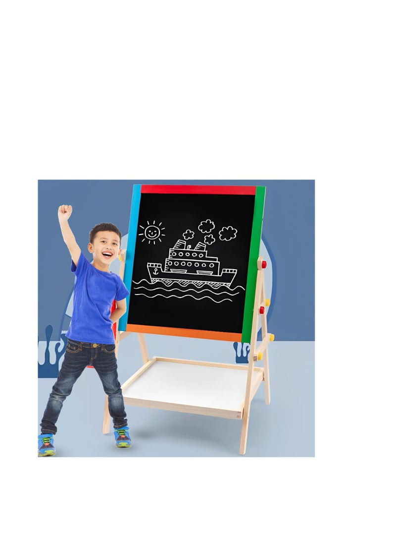 Generic Multifunctional wooden easel magnetic kids coloring board stand. double sided- white boad and black board  - Image 2