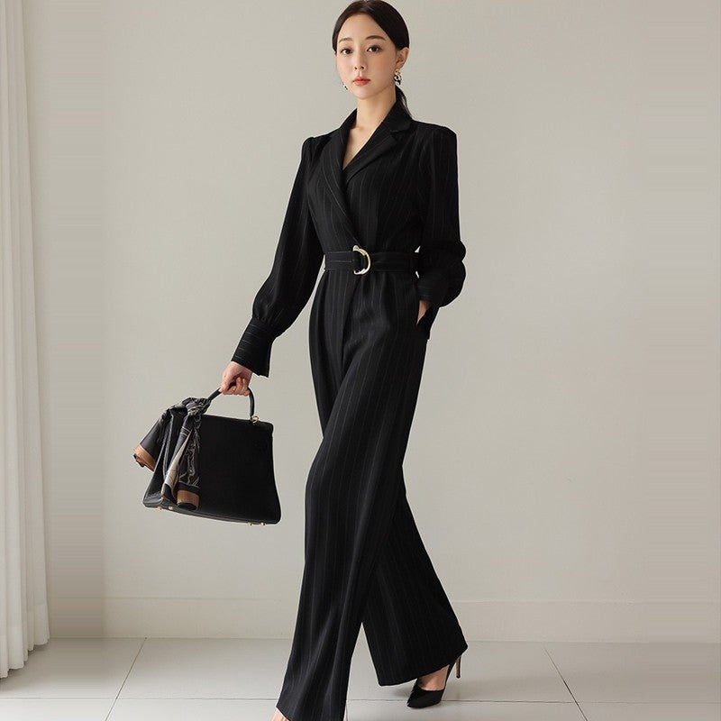 2024 Korean Striped Jumpsuit with Tie Waist Black
