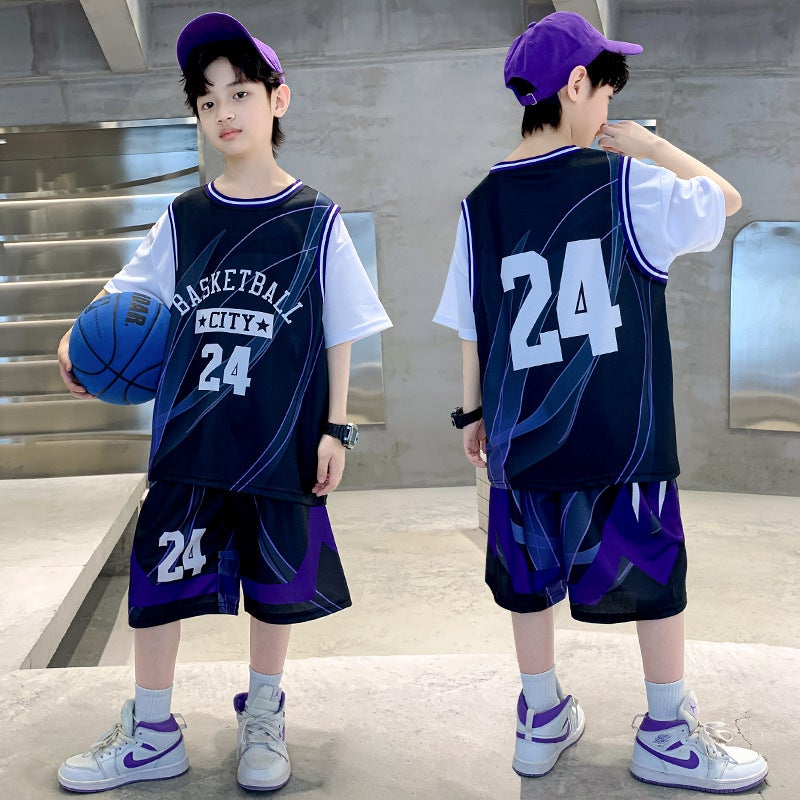 Boys' Basketball Suit Suit 2025 Summer Thin Middle And Large Children'S Sports Summer Clothes Children'S New Short-Sleeved Quick-Drying Clothes - Image 2