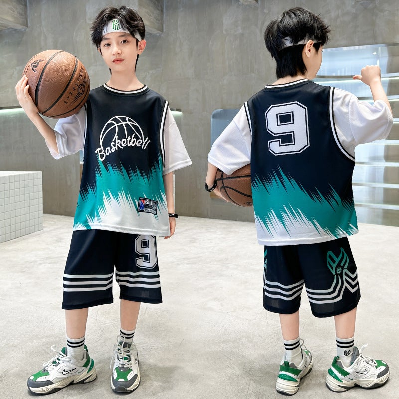 Boys' Basketball Suit Suit 2025 Summer Thin Middle And Large Children'S Sports Summer Clothes Children'S New Short-Sleeved Quick-Drying Clothes - Image 3