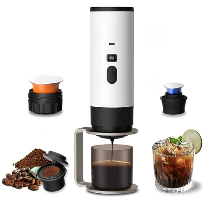 كاست ويف ماكينة صنع قهوة ذاتية التسخين محمولة 3 في 1، ماكينة إسبريسو صغيرة بيضاء اللون للسفر متوافقة مع كبسولات NsDg، قهوة مطحونة، شحن USB-C، حامل معدني متضمن، تخييم، سيارة، مشي لمسافات طويلة - Image 2