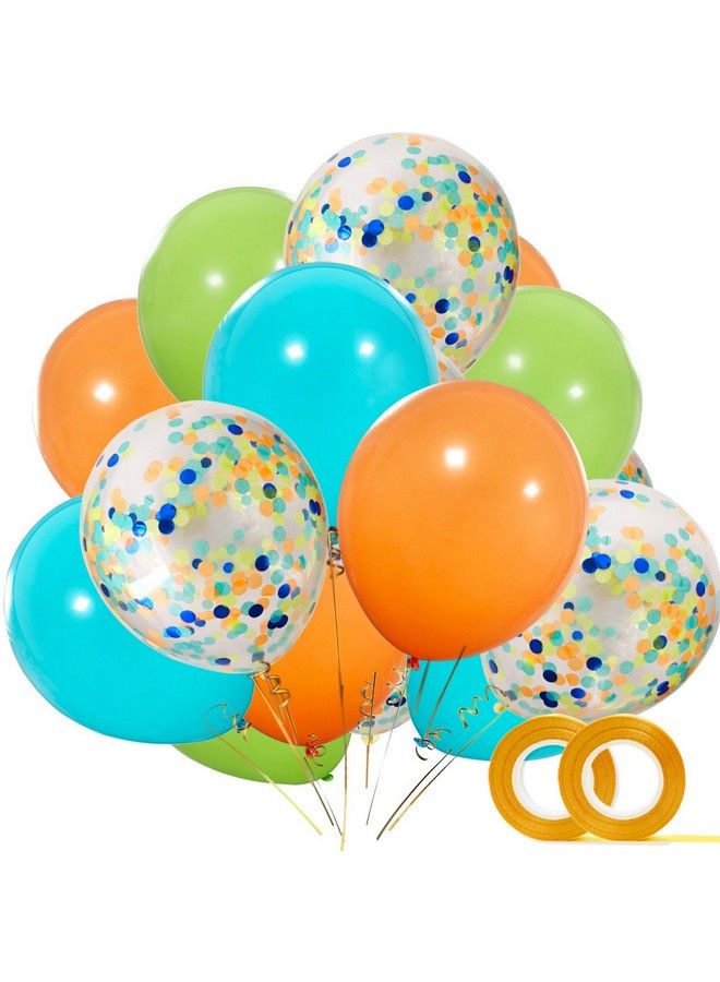 Haptda Dinosaur Balloons 40 Pack 12 Inch Orange Light Blue Fruit Green Latex Balloons With Confetti Balloon For Baby Shower Dino Jungle Jurassic Birthday Party Decorations Supplies With Ribbon - Image 1