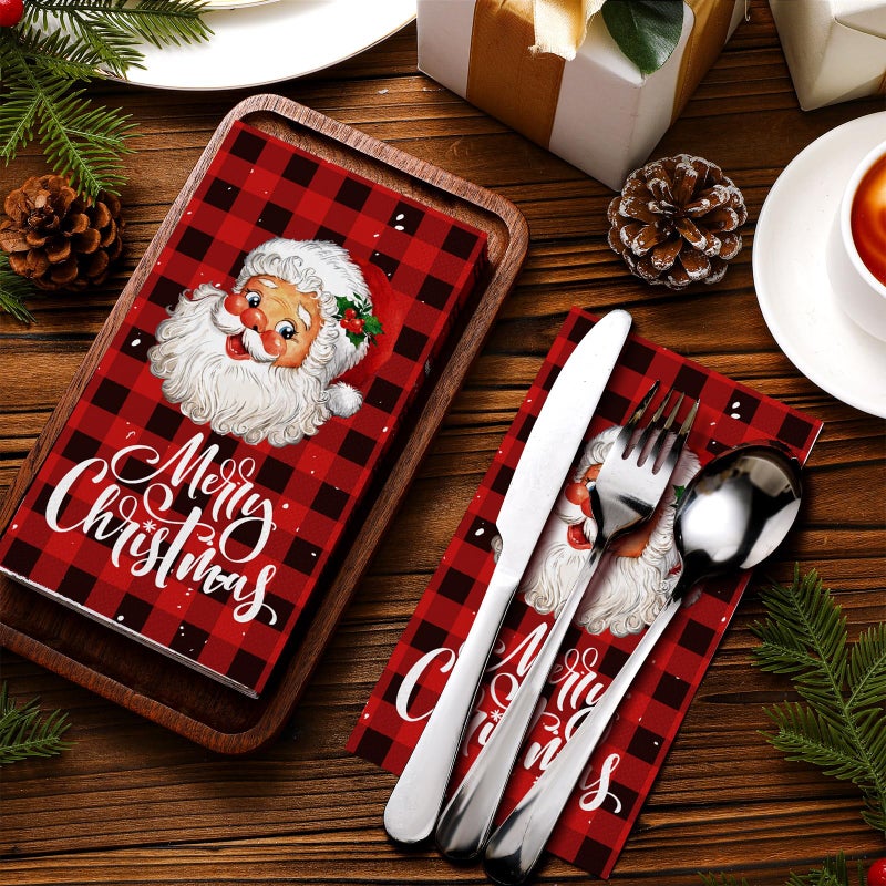 Karenhi Karenhi 200 Pcs Christmas Disposable Hand Towels for Bathroom 2 Ply Santa Claus Paper Guest Towels Buffalo Plaid Guest Napkin Snow Decorative Paper Hand Towels for Bathroom for Party Holiday Wedding - Image 3