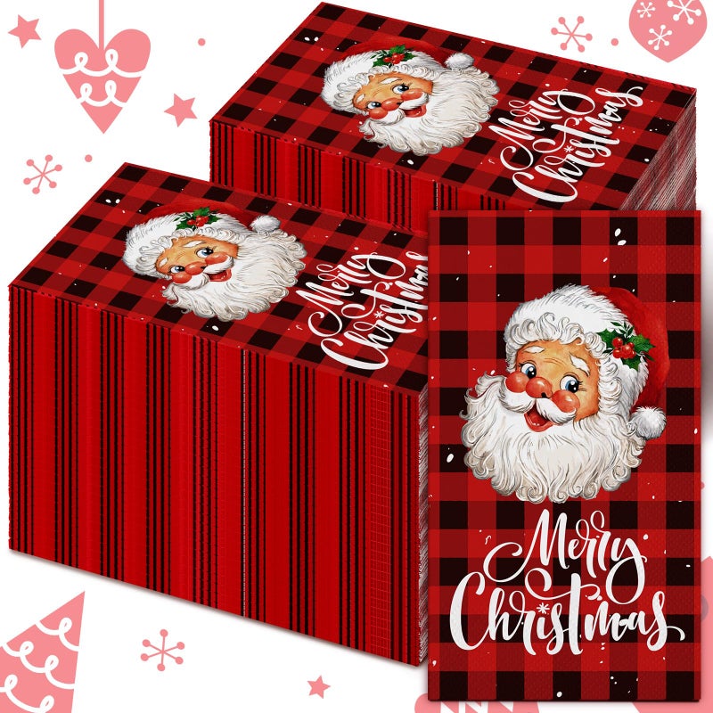 Karenhi Karenhi 200 Pcs Christmas Disposable Hand Towels for Bathroom 2 Ply Santa Claus Paper Guest Towels Buffalo Plaid Guest Napkin Snow Decorative Paper Hand Towels for Bathroom for Party Holiday Wedding - Image 1