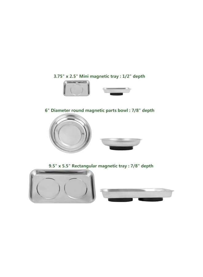 S-TOP 3pcs Magnetic Parts Tray Set, Stainless Steel Heavy Duty Square and Round，Extra Strong Magnetic Tool Trays Holder - Image 2