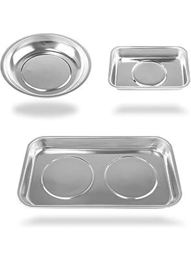 S-TOP 3pcs Magnetic Parts Tray Set, Stainless Steel Heavy Duty Square and Round，Extra Strong Magnetic Tool Trays Holder - Image 1