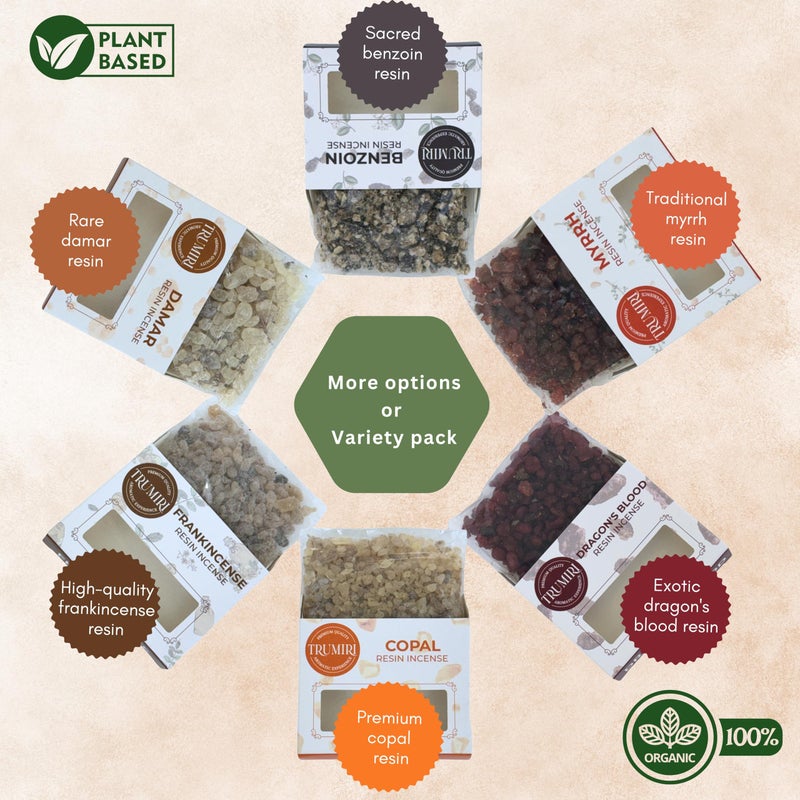 TRUMIRI Resin Incense - Natural Tree Gum Sap - 6x30g Variety Pack Including Frankincense and Myrrh Copal Benzoin Dragon's Blood Damar - Image 2