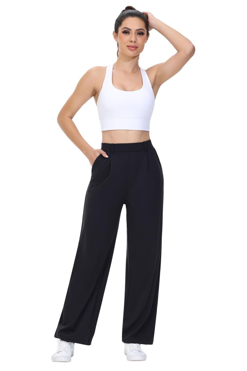 Blaosn Womens Dress Pants Straight Wide Leg Work Business Casual Trousers Wear Stretchy Pull on Office Slacks Travel Yoga Sweatpants High Waisted with Pockets Tall Comfy Lounge Trendy Clothes Black 31" M - Image 2