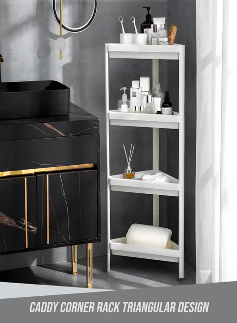 4-Tier Corner Shelf Organizer Rack – Tool-Free Assembly, Adjustable Polypropylene Storage Unit with Hooks & Drainage for Kitchen, Bathroom, or Living Room rufuf hamaam