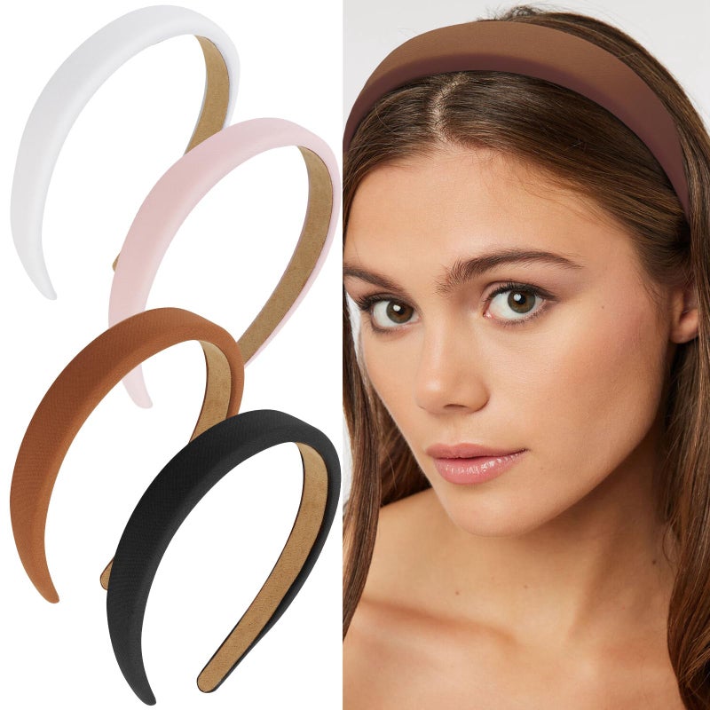 Wecoe Headbands for Women 4pcs Padded Headbands Non Slip Soft Thick Comfortable Head Bands Cute Brown Black Pink White Fall Hair Band Aesthetic Y2K Halloween Costume Hair Accessories for Women Girls