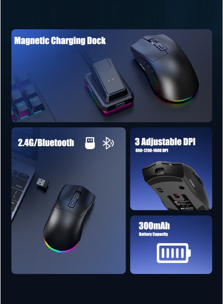 LEAVEN Dual-mode Bluetooth 2.4G Wireless Gaming Mouse with Magnetic Charging Dock, Lightweight Anti Slip Mouse, 800-1600 DPI, BT/2.4Ghz/Wired, 60g, for PC/MAC - Image 2