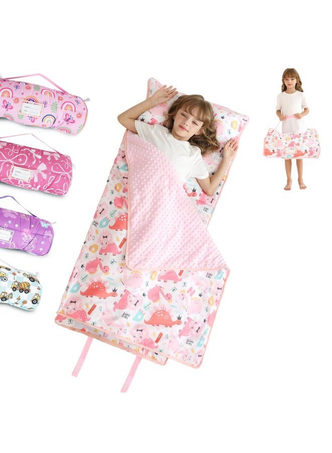 lasoftan Toddler Nap Mat for Preschool 50''x30'' Sleeping Mat with Removable Pillow and Minky Blanket for Kids Ages 3-7 Roll Up Soft Sleeping Bag for Boys Girls Kindergarten Daycare Sleepover - Pink Dinosaur - Image 1