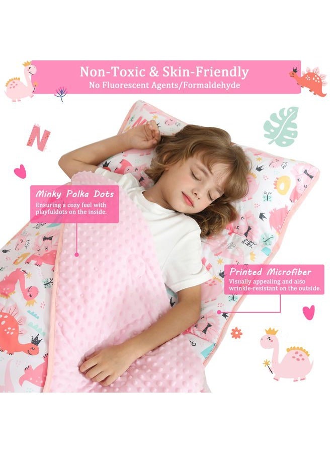lasoftan Toddler Nap Mat for Preschool 50''x30'' Sleeping Mat with Removable Pillow and Minky Blanket for Kids Ages 3-7 Roll Up Soft Sleeping Bag for Boys Girls Kindergarten Daycare Sleepover - Pink Dinosaur - Image 2