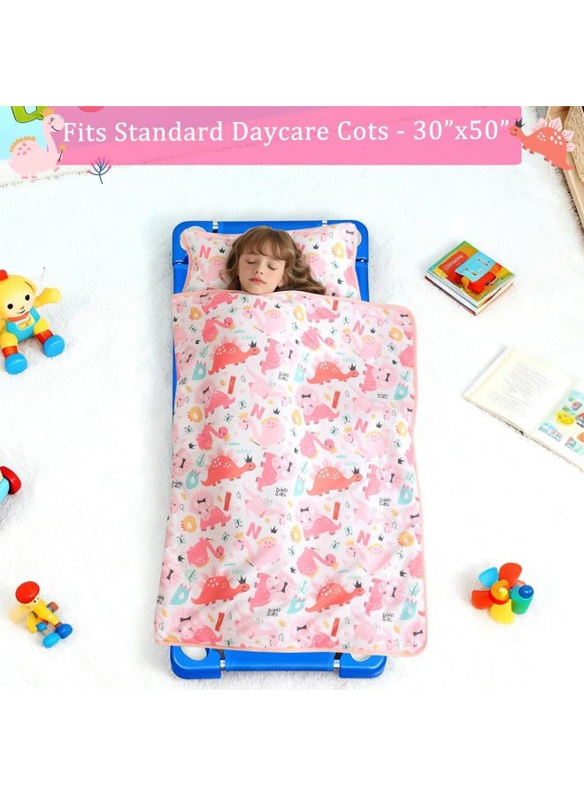 lasoftan Toddler Nap Mat for Preschool 50''x30'' Sleeping Mat with Removable Pillow and Minky Blanket for Kids Ages 3-7 Roll Up Soft Sleeping Bag for Boys Girls Kindergarten Daycare Sleepover - Pink Dinosaur - Image 3