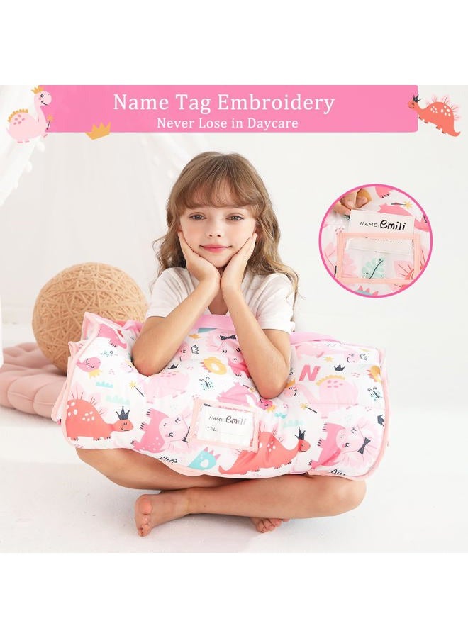 lasoftan Toddler Nap Mat for Preschool 50''x30'' Sleeping Mat with Removable Pillow and Minky Blanket for Kids Ages 3-7 Roll Up Soft Sleeping Bag for Boys Girls Kindergarten Daycare Sleepover - Pink Dinosaur - Image 4