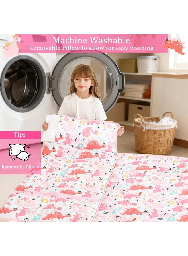 lasoftan Toddler Nap Mat for Preschool 50''x30'' Sleeping Mat with Removable Pillow and Minky Blanket for Kids Ages 3-7 Roll Up Soft Sleeping Bag for Boys Girls Kindergarten Daycare Sleepover - Pink Dinosaur - Image 5