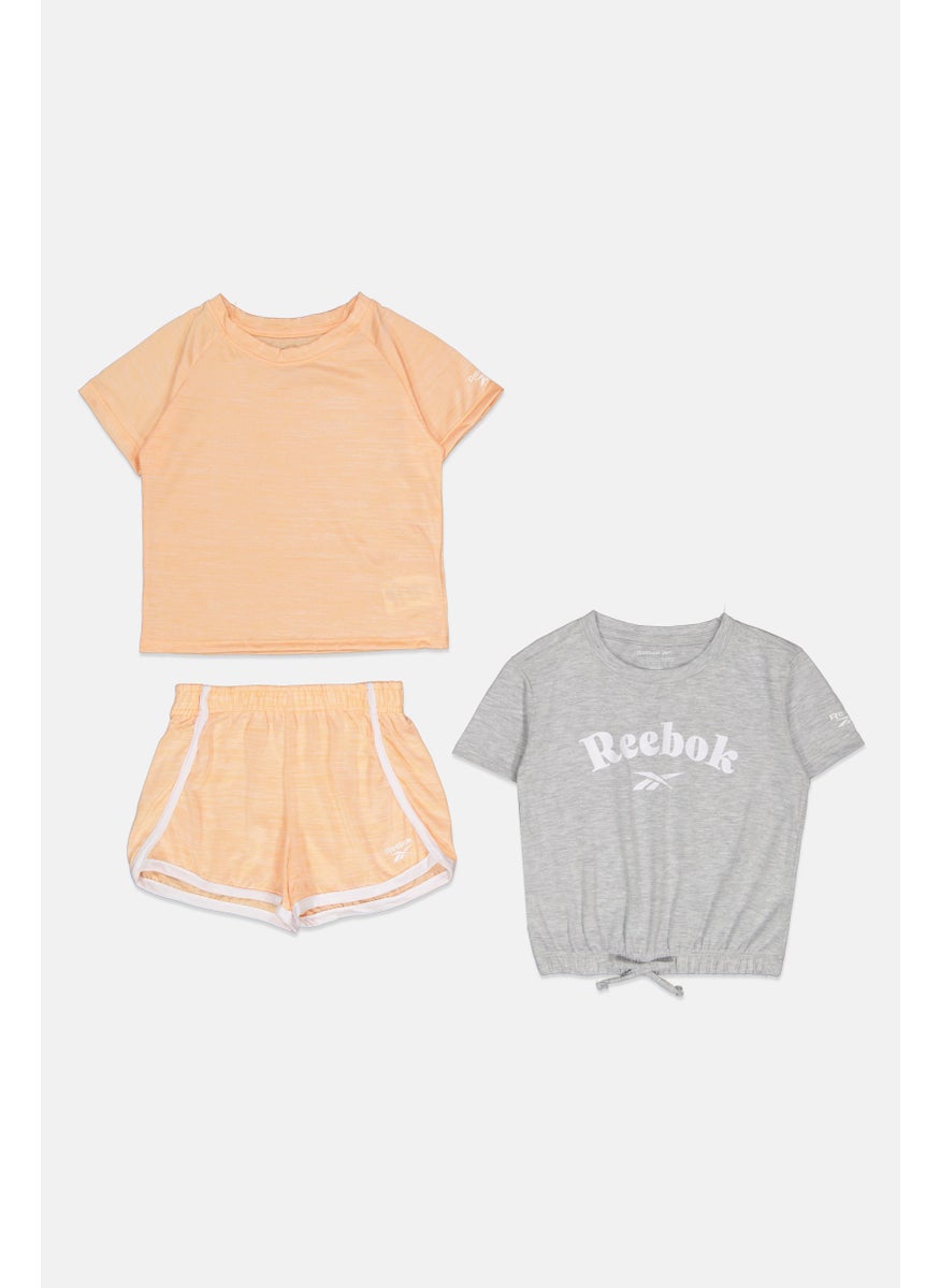 Reebok Kids Girl 3 Piece Brand Logo Sportswear Set, Grey/Peach  - Image 1