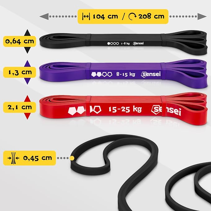 SENSEI Resistance Bands Set With Door Anchor (125 Kg)  3 Fitness Elastics For Strength Training And Pull-Up  Set Of Tyres With Exercise Guide - Image 2