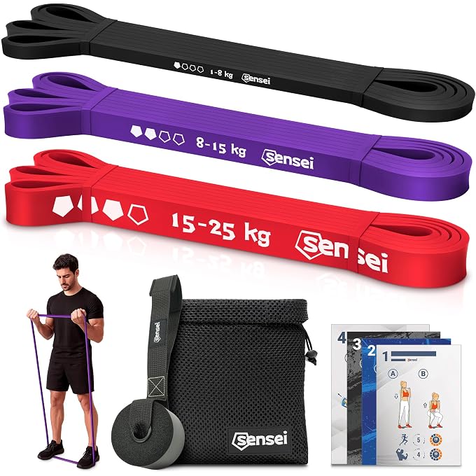 SENSEI Resistance Bands Set With Door Anchor (125 Kg)  3 Fitness Elastics For Strength Training And Pull-Up  Set Of Tyres With Exercise Guide - Image 4