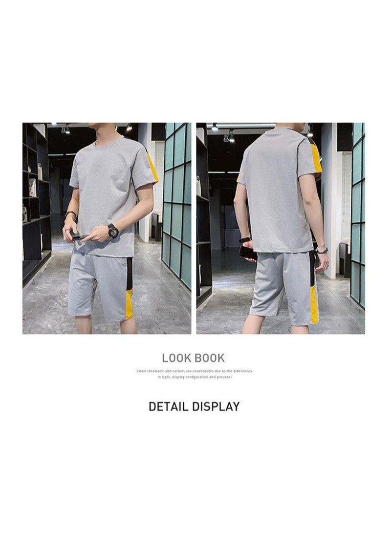 Men's summer color blocking casual sports short sleeved shorts set  - Image 2