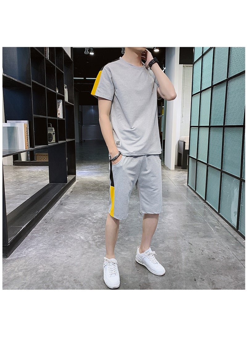 Men's summer color blocking casual sports short sleeved shorts set  - Image 1
