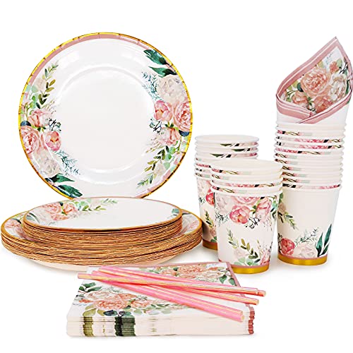 Boosolo Floral Party Supplies paper plates and Napkins Sets for 24 Guest-Include Floral Disposable Paper Plates,Cups,Napkin forr Bridal Shower,Birthday,Wedding,Bachelorette party Supplies - Image 1