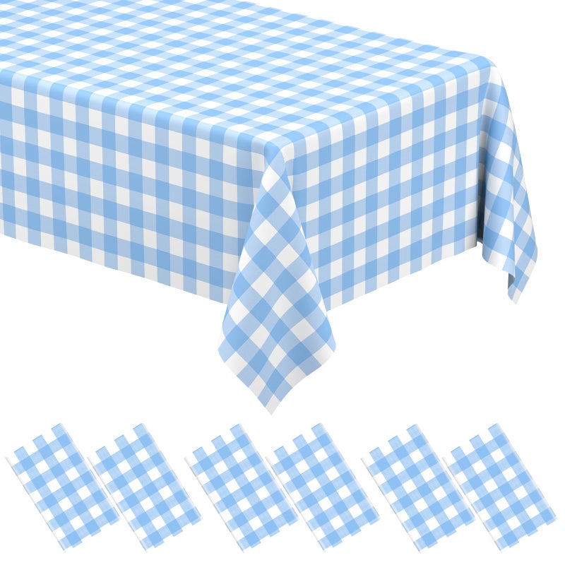 WNINK 6 Pack Light Blue Gingham Tablecloth Rectangular Pale Blue and White Checkered Tablecloths Disposable Plastic Plaid Table Cover for Parties, Outdoor Picnic, Birthday, Wedding, Camping 54 Ã— 108 Inch - Image 1