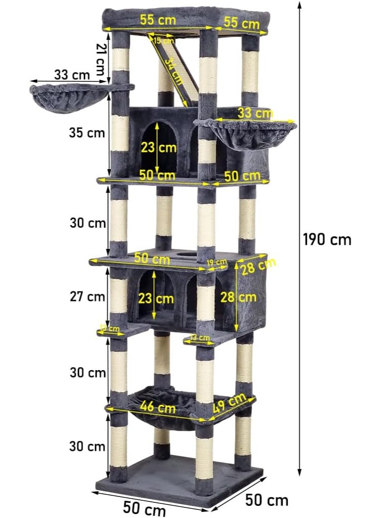 NNC PETS Tall cat tree tower for indoor cats, Heavy-duty cat tree with Wide perch, Scratching board, Cozy hammock, Scratching post, Double cat condos, and Bottom large hammock 190 cm (Dark-grey) - Image 2