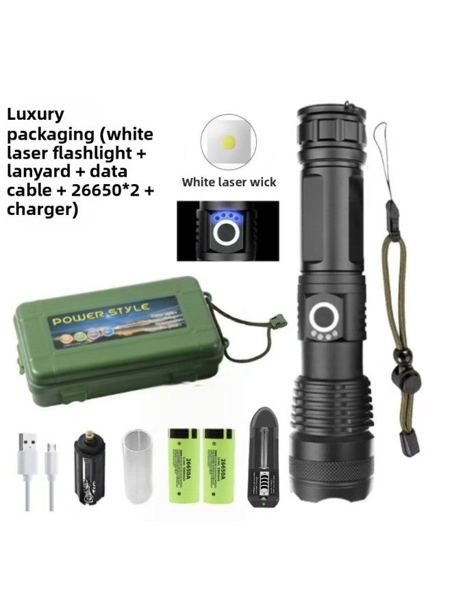 Telescopic Zoom P50 Strong Light Long-range Flashlight Aluminum Alloy USB Rechargeable Outdoor Lighting Flashlight-Color:X71 White Laser Flashlight + 26650 Batteries * 2 + Charger + Gift Box  - Image 1