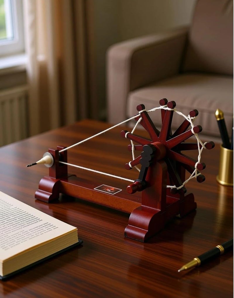 TEJ GIFTS Handcrafted Gandhiji Wooden Mini Charkha Spin Wheel Showpiece | Handmade Wooden Charka for Home Décor, Office Desk, Table | Ideal Indian Handicraft Gift (Design 2) - Image 3