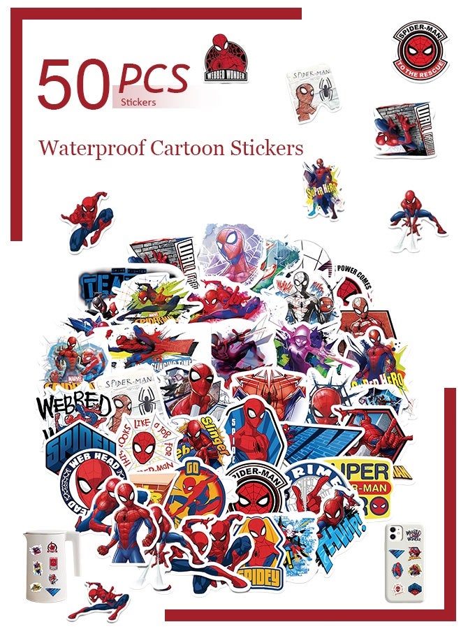 50pcs Cartoon Spider-Man Stickers for Kids,Vinyl Waterproof Princess Decal for Water Bottle Laptop Toy Sticker for DIY Decorate Bumper Phone Hard Hat Kids Teens Gifts (Spider) - Image 1