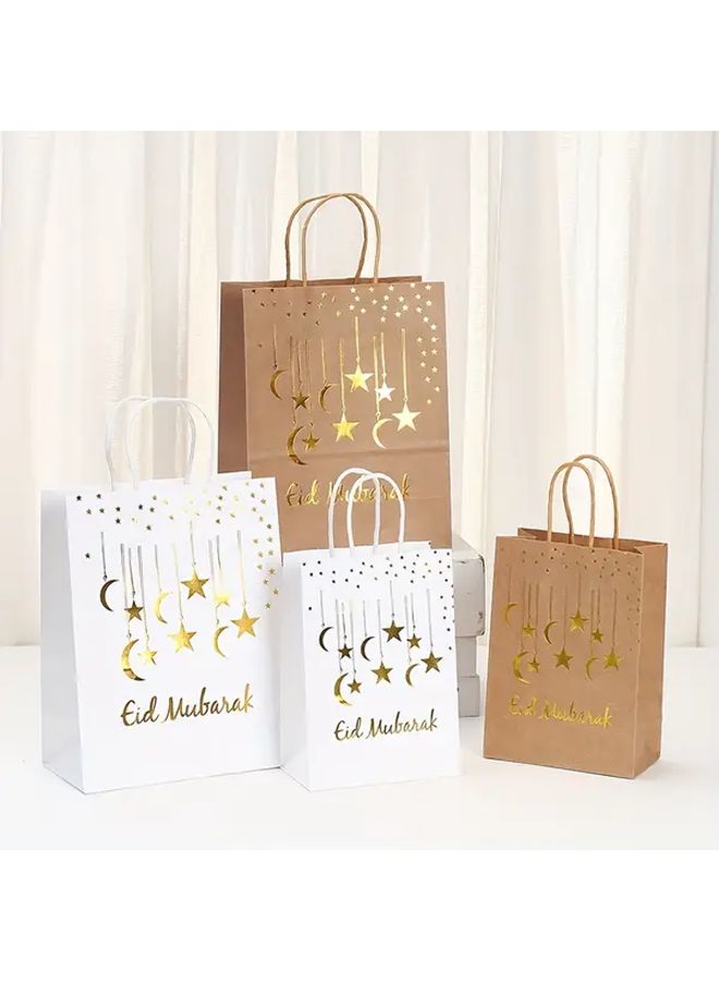 6pcs Medium Eid Mubarak Moon Star Brown Paper Gift Bags Golden Embossed Handles - Image 1