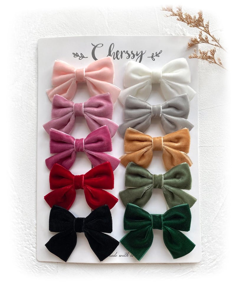 Cherssy Velvet Hair Bow Clips for Little Girls 10pcs Boutique Fully Lined Hair Barrettes Accessories for Baby Infants Toddlers School Girls - Image 3