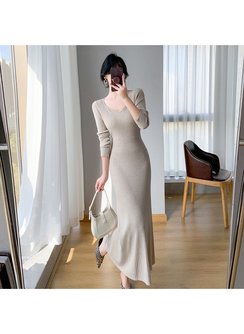 Generic 2024 Autumn/Winter Long Knee-Length Sweater Dress V-Neck Bustier Womens Knitwear Overcoat Inner Layer Base Layer Khaki  - Image 1