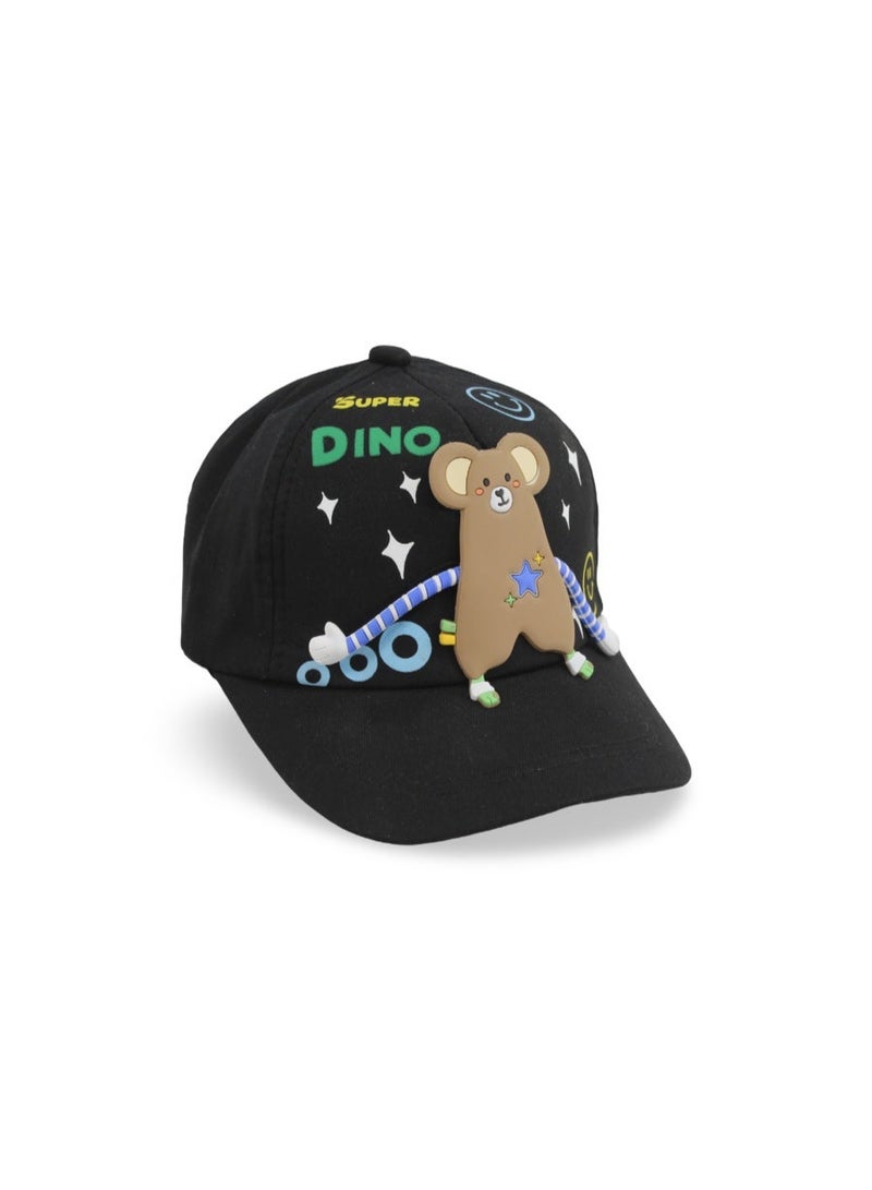 Fancy Boys Cotton Cap – Black with "Super Dino" Design - Image 1