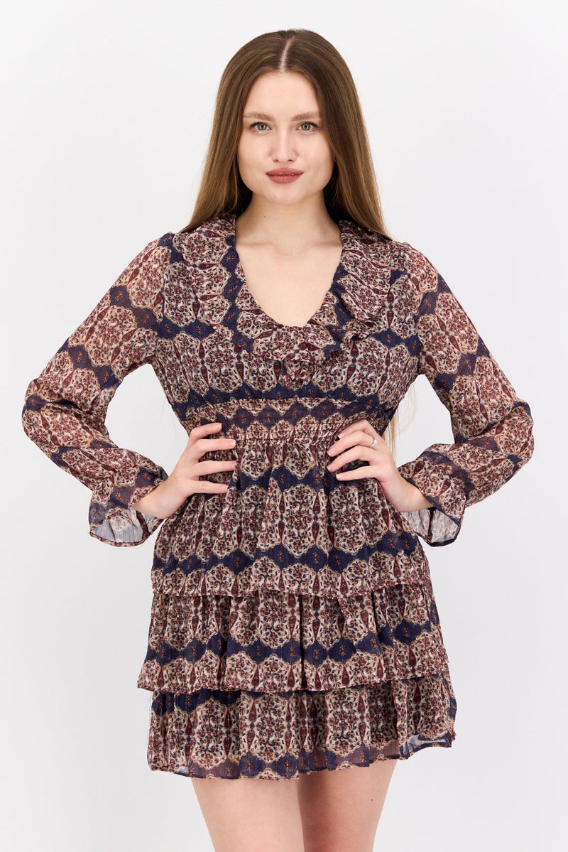 DEX Women Allover Print Ruffle Trim Mini Dress, Blue Combo - Image 1