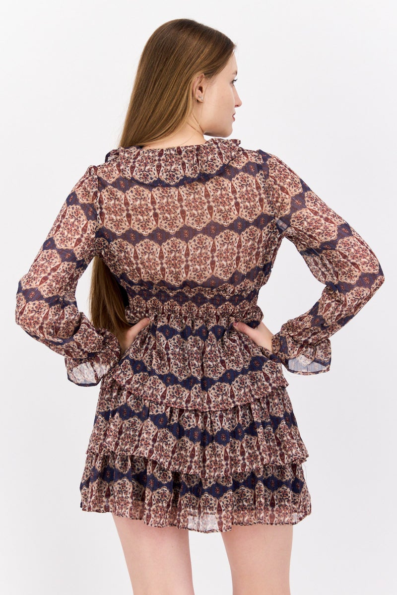 DEX Women Allover Print Ruffle Trim Mini Dress, Blue Combo - Image 4