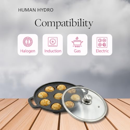 Human Hydro Pre-Seasoned Cast Iron 9 Pit Paniyaram Pan (23CM) with Glass Lid | Naturally Nonstick & Toxin-Free | Induction & Gas Compatible | Appam, Paddu & Kuzhi Paniyaram Pan - Image 3