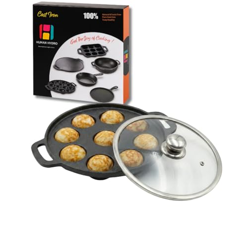 Human Hydro Pre-Seasoned Cast Iron 9 Pit Paniyaram Pan (23CM) with Glass Lid | Naturally Nonstick & Toxin-Free | Induction & Gas Compatible | Appam, Paddu & Kuzhi Paniyaram Pan - Image 1
