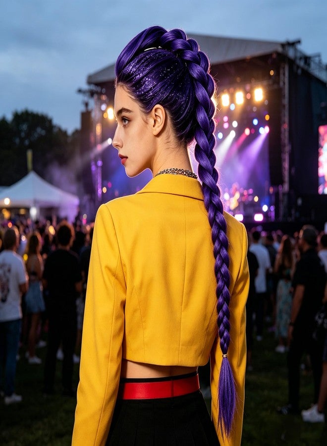 MORTICIA Long Purple Braided Ponytail Hair Accessory, 29 in Clip-On Braid for Cosplay, Halloween, Comic Con, Party - Image 4