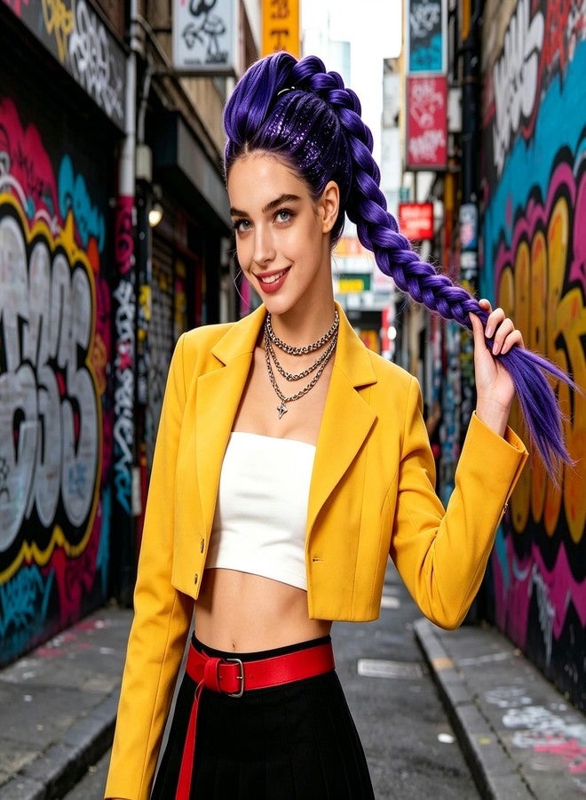 MORTICIA Long Purple Braided Ponytail Hair Accessory, 29 in Clip-On Braid for Cosplay, Halloween, Comic Con, Party - Image 5