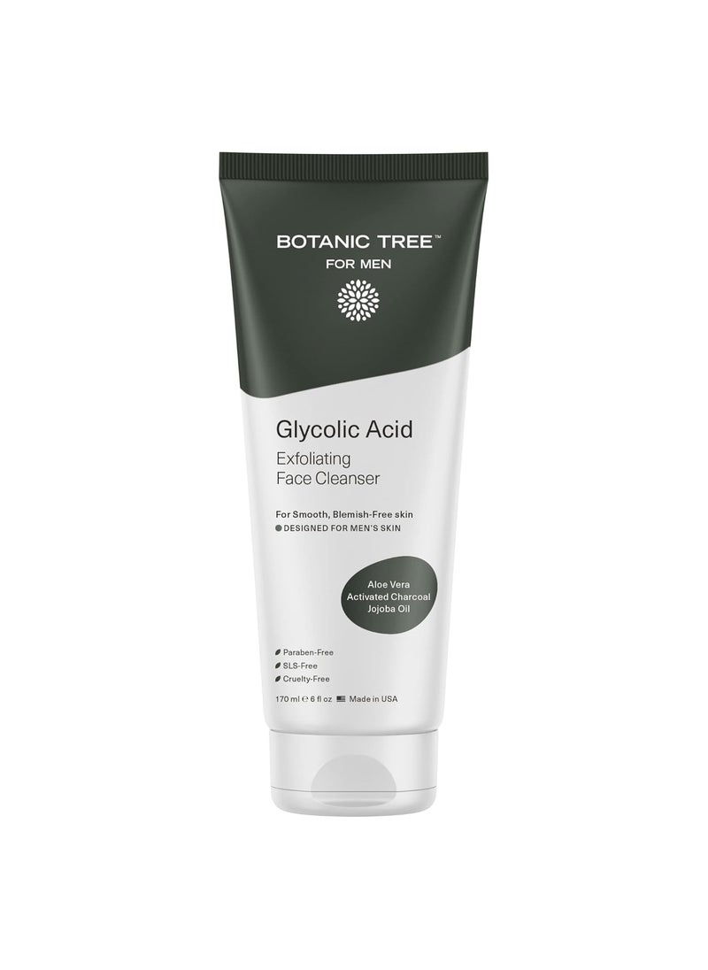 Botanic Tree Botanic Tree Mens Face Wash with Glycolic Acid  Activated Charcoal 6oz  Deep Cleaning and Energizing Facial Exfoliating Cleanser 