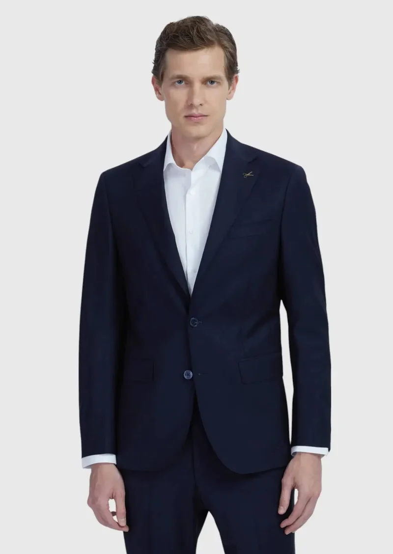 RAMSEY Navy Blue Plain Modern Fit Wool Blended Suit