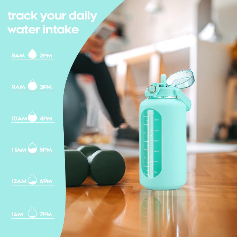chunmo 74 oz Glass Water Bolttles with Straw Large Motivational Water Bottle with Time Marker Sports Water Bottles with Silicone Sleeve and Handle Lid 2.2L Water Jug for Gym Workout - Image 5