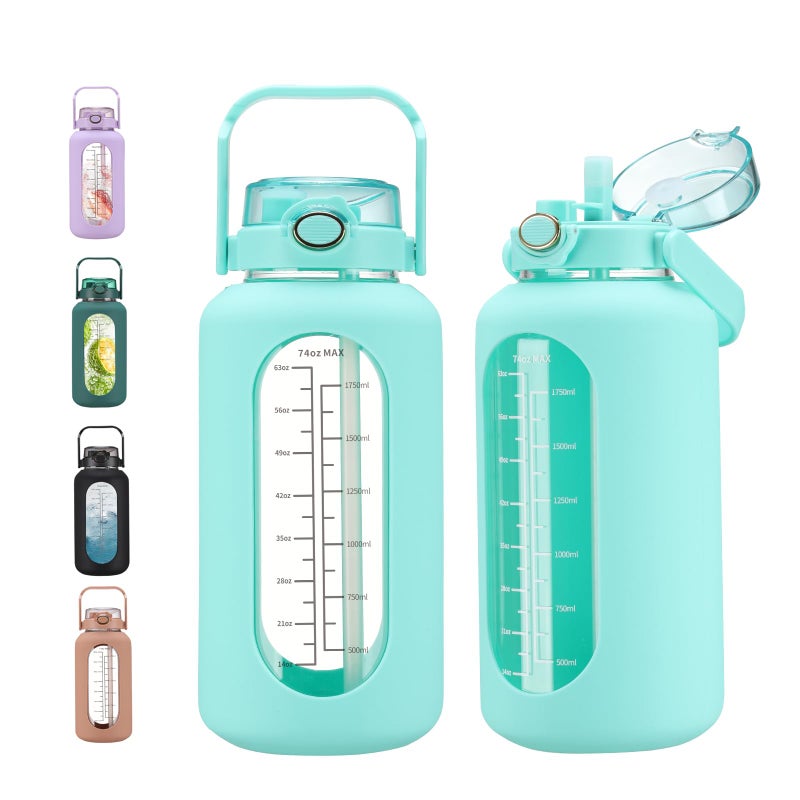 chunmo 74 oz Glass Water Bolttles with Straw Large Motivational Water Bottle with Time Marker Sports Water Bottles with Silicone Sleeve and Handle Lid 2.2L Water Jug for Gym Workout - Image 1