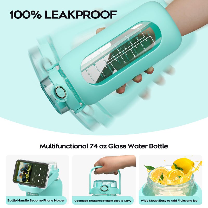 chunmo 74 oz Glass Water Bolttles with Straw Large Motivational Water Bottle with Time Marker Sports Water Bottles with Silicone Sleeve and Handle Lid 2.2L Water Jug for Gym Workout - Image 3